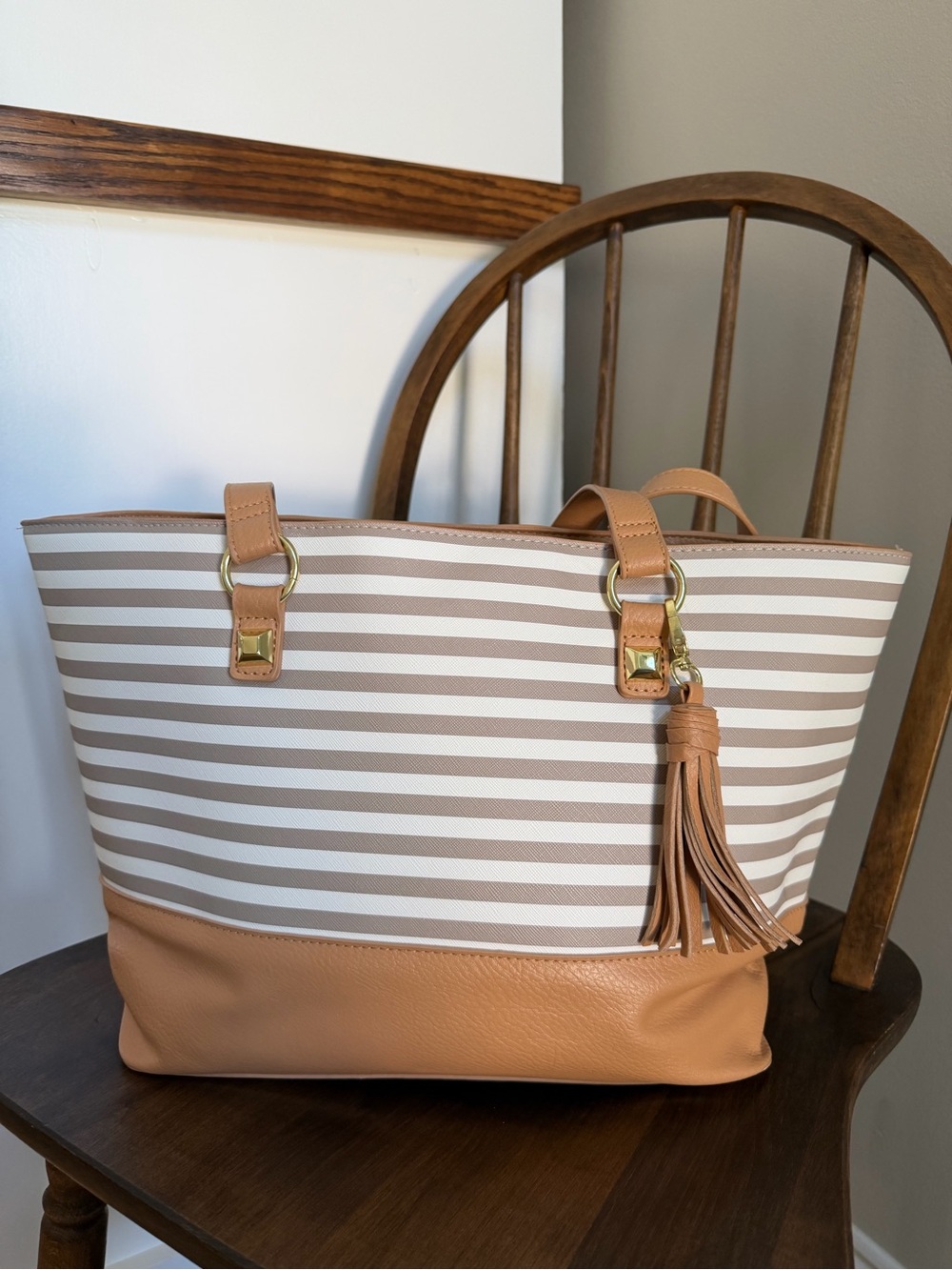 Kim Rogers Beige & White Striped Tote with Tan Trim